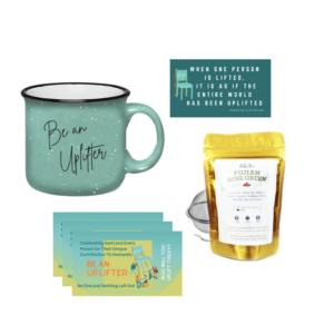 "Be An Uplifter" product - teal mug, Fujian Rose Green Tea with Tea Ball, magnet, and pay it forward cards.