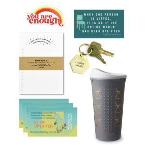 "Kindness Matters" product - keychain, sticker, notepad, silicone mug, and magnet, pay it forward cards.