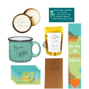 "Uplifter in a Box" bundle includes teal mug, mini notebook, sweet pea & dandelion scented candle, Fujian rose green tea with tea ball, magnet, and pay it forward cards.